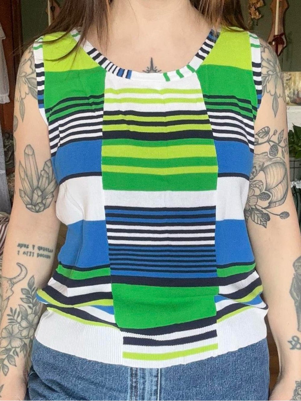 Ruby Rd. Blue, Green & White Striped Sleeveless Knit Tank